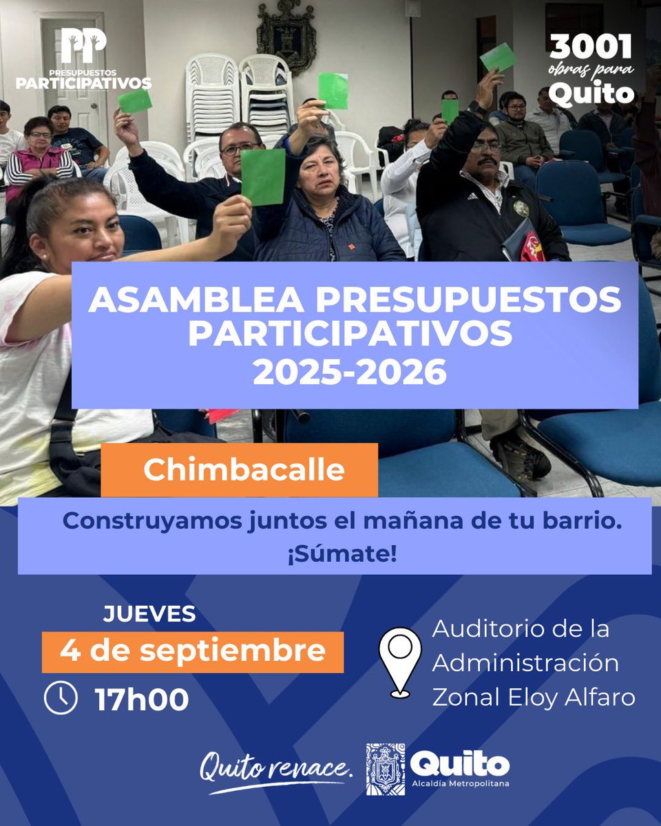 💙❤️ #ZonalesEnAcción | ¡Chimbacalle cierra con fuerza el ciclo de asambleas 2025-2026! ✨

Hoy, a las 17h00 vecinas y vecinos decidirán las obras que transformarán su parroquia y el futuro de la ciudad más linda del mundo. 💪🌿

#QuitoRenace ❤️💙