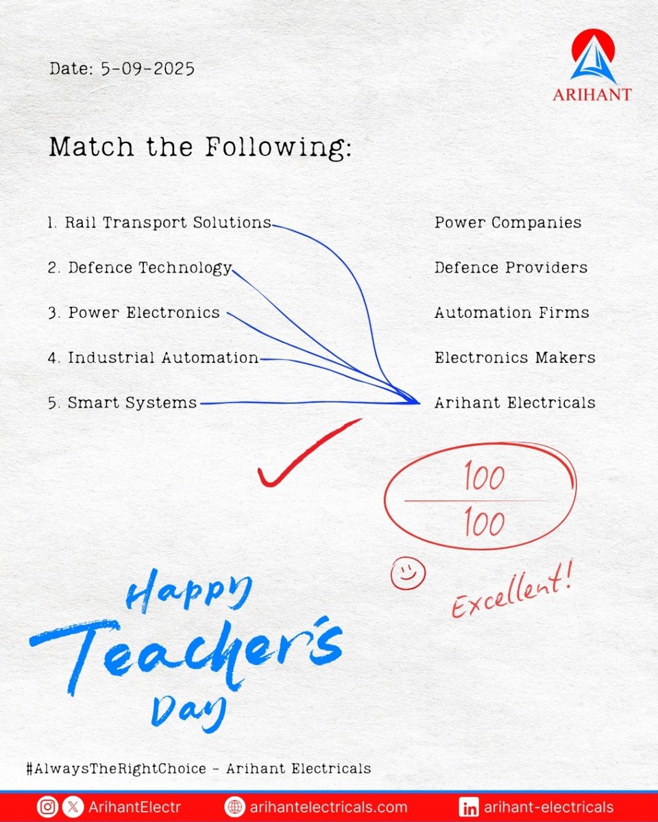 ArihantElectr's tweet photo. Guidance makes all the difference. Wishing you a bright and inspiring Teacher’s Day from Arihant Electricals!
#HappyTeachersDay #AlwaysTheRightChoice #TeachersDay2025 #Gratitude #PoweringInnovation #DefenceAndAerospace #SmartSystems #IndustrialAutomation #RailTransportSolutions https://t.co/ogQTz0HMPL
