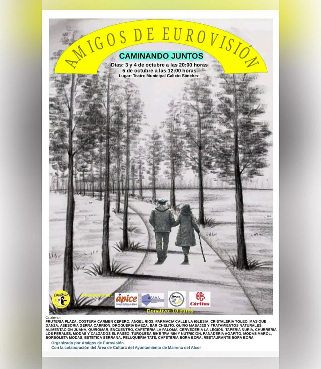 Ya está aquí el evento más esperado de cada año!! La gran gala musical de Amigos de Eurovisión de Mairena del Alcor!!! A beneficio íntegro de Ápice, Amee, Afama y Cáritas y con la actuación como teloneros de nuestro grupo de baile junto a Amee! No te quedes sin tu entrada! 🤩