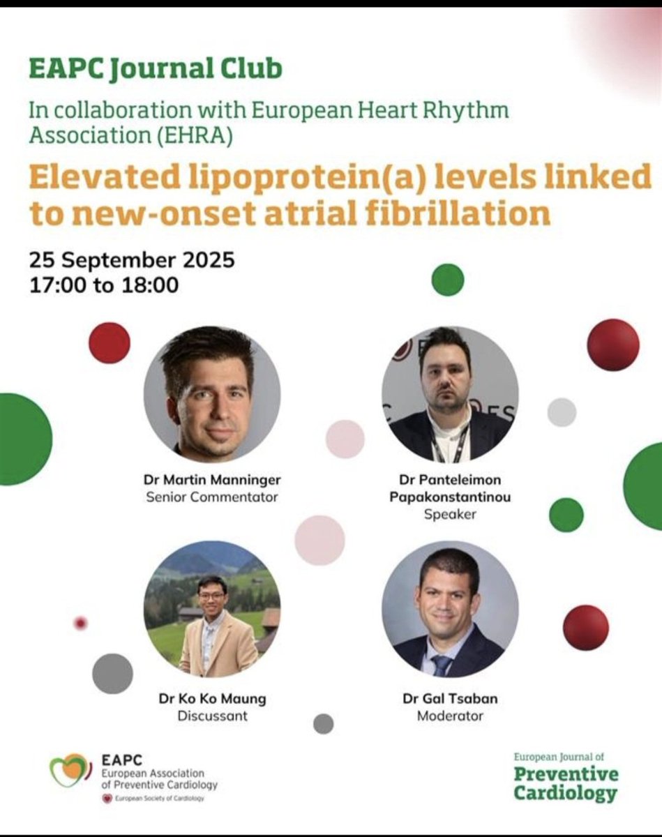 JOIN our next #EAPC JournalClub on elevated Lp(a) linked to new onset AF
🤔 in collaboration with <a href="/EHRAPresident/">EHRAPresident</a>
🗓️ 25th Sep 2026 | 17:00 CEST
<a href="/EAPCPresident/">EAPCPresident</a> <a href="/Lpa_Doc/">Sam Tsimikas, MD</a> <a href="/GalTsaban/">Gal Tsaban</a> <a href="/justvick/">Vasiliki Tsampasian</a> <a href="/SMosteoru/">Svetlana Mosteoru</a> 
#Lipoprotein #Atrialfibrallation