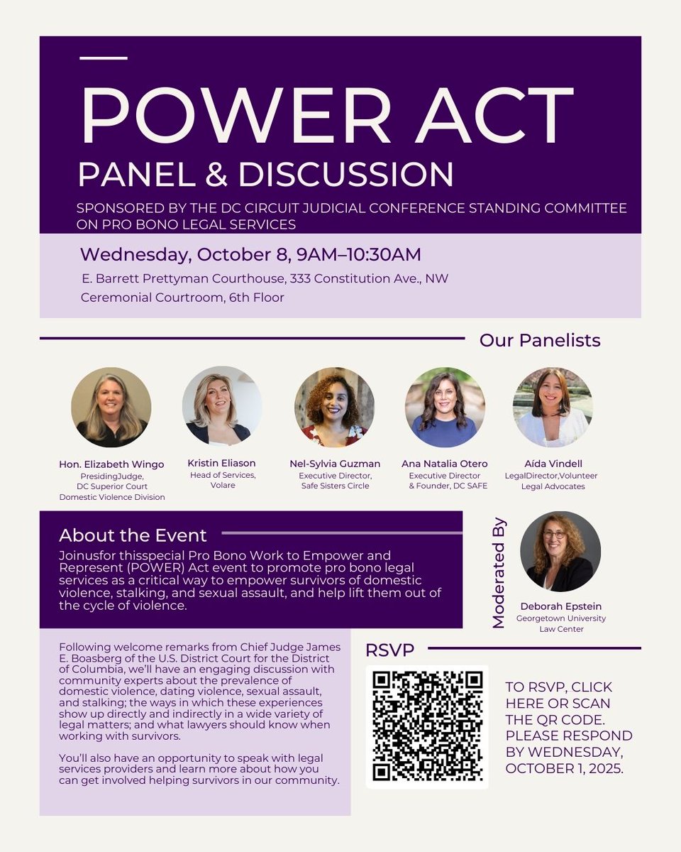 Join us Oct. 8 for the POWER Act Panel &amp; Discussion on empowering survivors of domestic violence, sexual assault &amp; stalking through pro bono legal services. 💜 RSVP by Oct. 1!