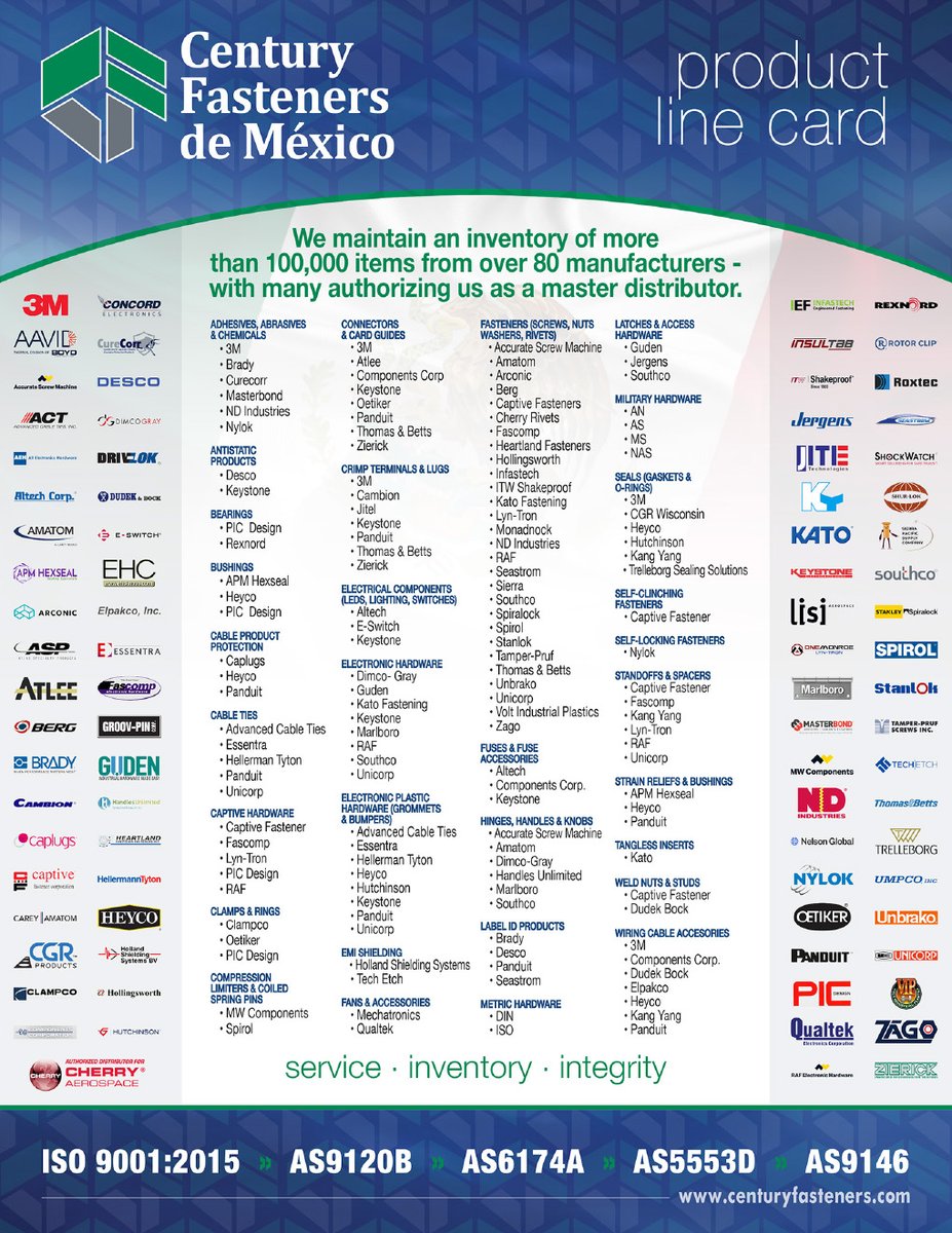 Century Fasteners de Mexico: Product Line Card…
We maintain an inventory of more than 100,000 items from over 80 manufacturers – with many authorizing us as a master distributor.
centuryfasteners.com/century-fasten…
#AS9120B #ISO9001 #quality #distributor #masterdistributor #CenturyFasteners