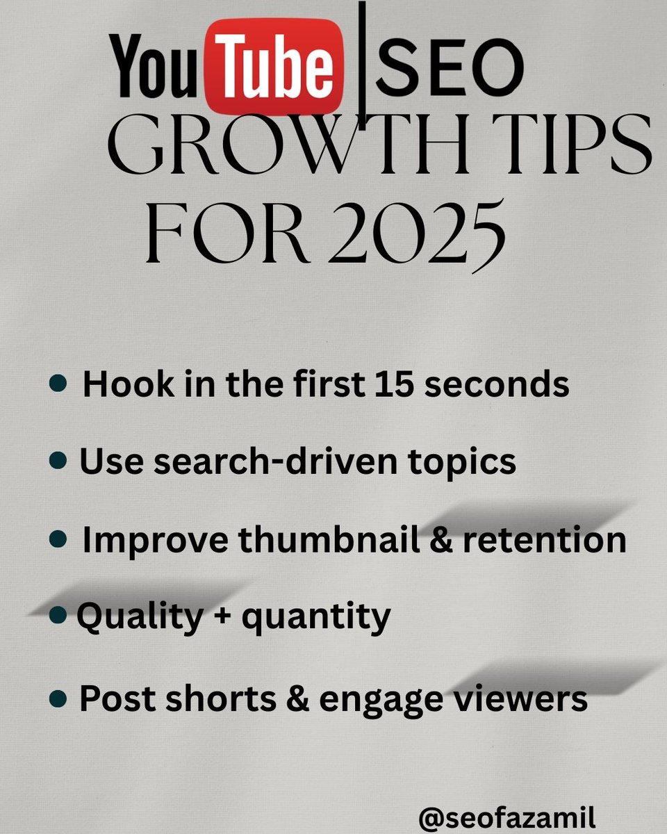 seofazamil's tweet photo. 🚀YouTube #SEO in 2025 isn’t just about keywords it’s about strategy.

Here are my top  tips to reach:
 ✅ Hook viewers in the first 15 seconds
 ✅ Use search-driven topics
 ✅ Thumbnails + retention
 ✅ Balance quality + quantity
 ✅ Post short and engage viewer 

#GoogleAds https://t.co/qZrqFZ5Gmu
