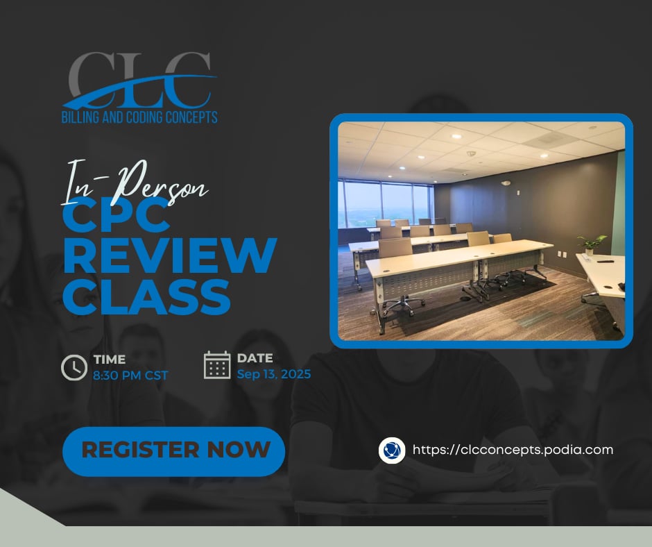 CLC_Concepts's tweet image. Ready to pass your CPC exam? Join us for a CPC Review In-Person Class on Saturday, September 13, 2025, 8:30 AM CST for only $50 — includes Instructor Tips, CPC Practice Exam, and CEU’s for certified coders! Sign up today 👉 clcconcepts.podia.com