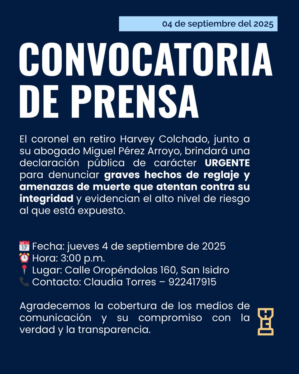 HarveyColchado's tweet photo. He recibido amenazas de manera constante. Primero fueron mensajes por WhatsApp; luego, fotos de mis hijos entrando al colegio y la presencia de delincuentes merodeando mi casa. Sin embargo, esas amenazas han escalado hasta el punto de ubicar policías en mis lugares habituales.

Ante esta situación, brindaré una declaración pública de carácter URGENTE, acompañado de mi abogado, el Dr. Miguel Pérez Arroyo, para denunciar estos graves hechos de reglaje y amenazas de muerte que comprometen directamente mi seguridad. Agradezco la cobertura de los medios de comunicación y su compromiso con la verdad y la transparencia.
