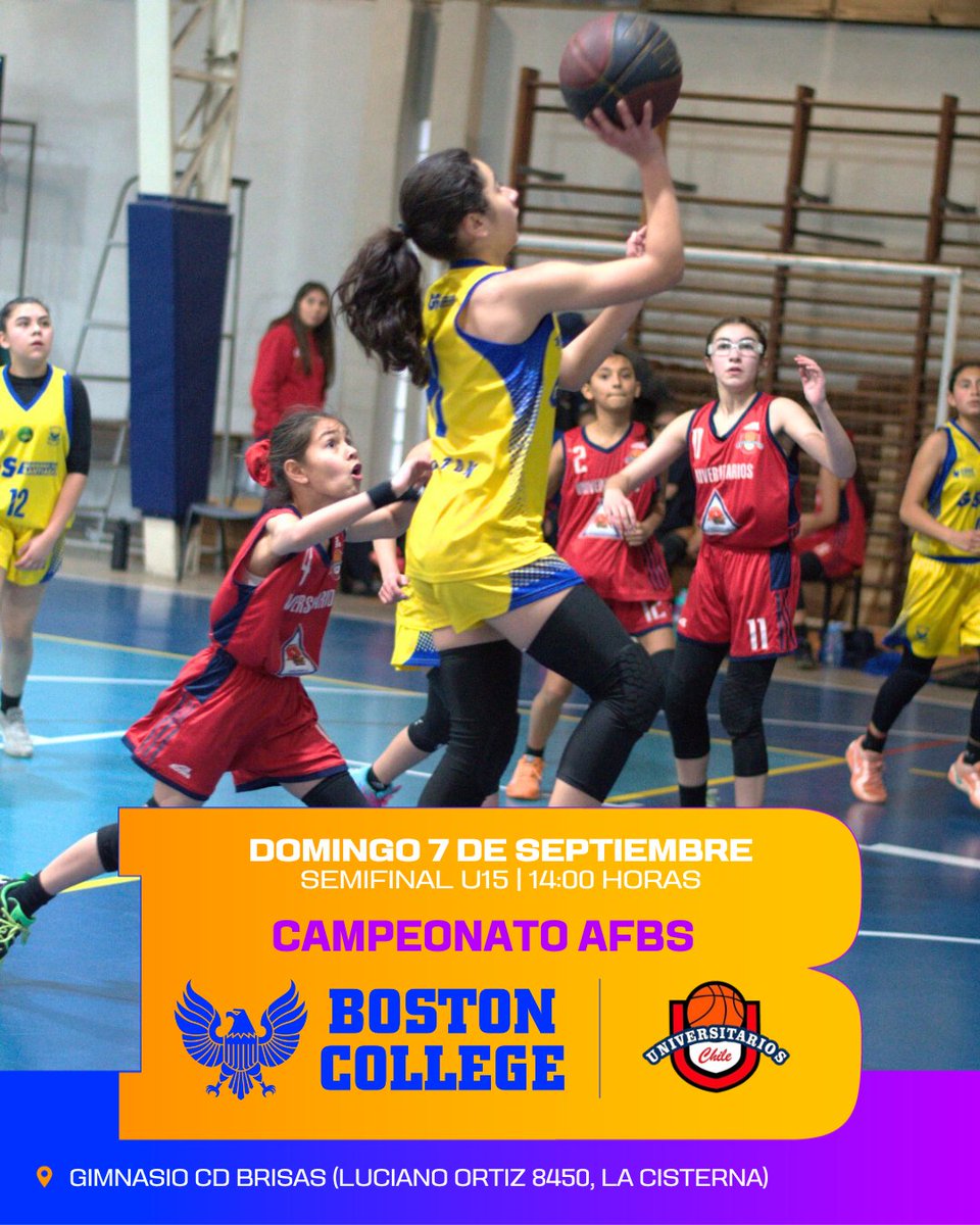 CDBostonChile's tweet image. 𝐒𝐄𝐌𝐈𝐅𝐈𝐍𝐀𝐋𝐄𝐒 🏀🏆

La serie U15 de las #Águilas 🦅 se jugará la clasificación a la gran final del Campeonato de la Asociación Femenina de Básquetbol Santiago ♀️ #AFBS. ¡Mucho éxito, chicas! 💪🏼🔥

🆚 Universitarios de Chile
📅 Domingo 7/9, 14:00 hrs

#VamosBoston 🔵🟡