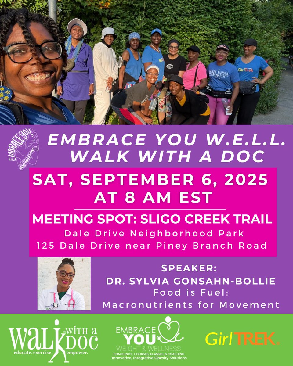 Start your weekend with movement at our morning walk on Sat, 9/6 at 8 AM for the Embrace You W.E.L.L.  <a href="/walkwithadoc/">Walk with a Doc</a>  with  Habibah Jackson, &amp; <a href="/GirlTrek/">GirlTrek</a> 

Dr. Sylvia will share how carbs, protein, &amp; fats power your body. RSVP here:  bit.ly/47Br2qR