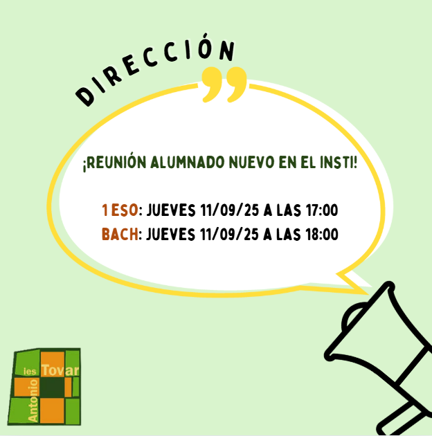 iestovar's tweet photo. ¡Aviso!

La reunión que se celebra con las familias del alumnado nuevo en nuestro centro educativo se programa para:

📅1ºESO: Jueves 11 de septiembre a las 17:00
📅Bachillerato: Jueves 11 de septiembre a las 18:00

#TovarAvisos
#TovarComienzo https://t.co/uoZD2IFRRk