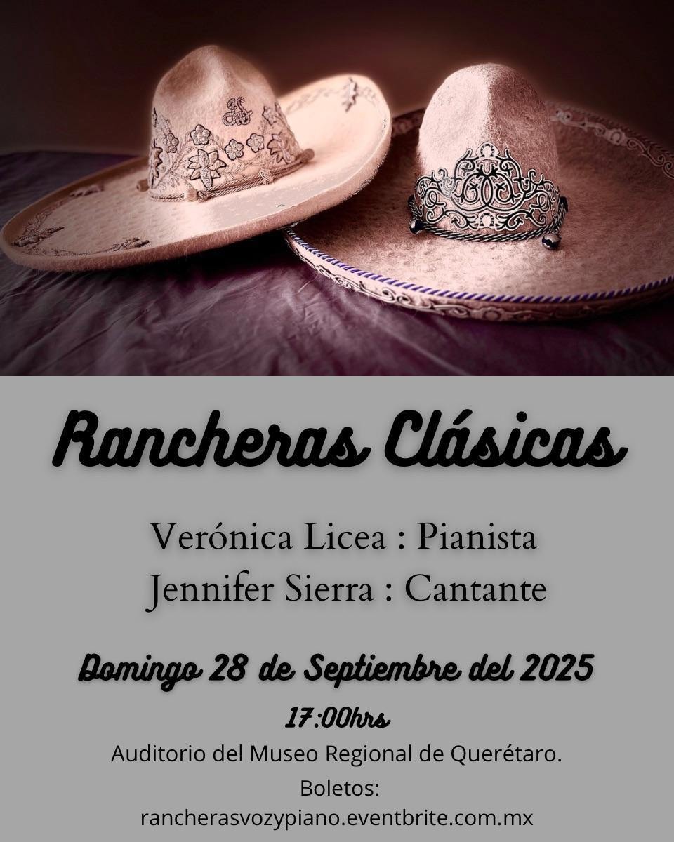 museoregqro's tweet image. 🎹Concierto próximo de Rancheras voz y piano con la maravillosa cantante Jennifer Sierra el #domingo 28 de septiembre a las 5:00 pm en el Auditorio "Ediardo Loarca Castillo" del Museo Regional de Querétaro.

🎟️Boletos a través de #Eventbrite 👉clic en el link: