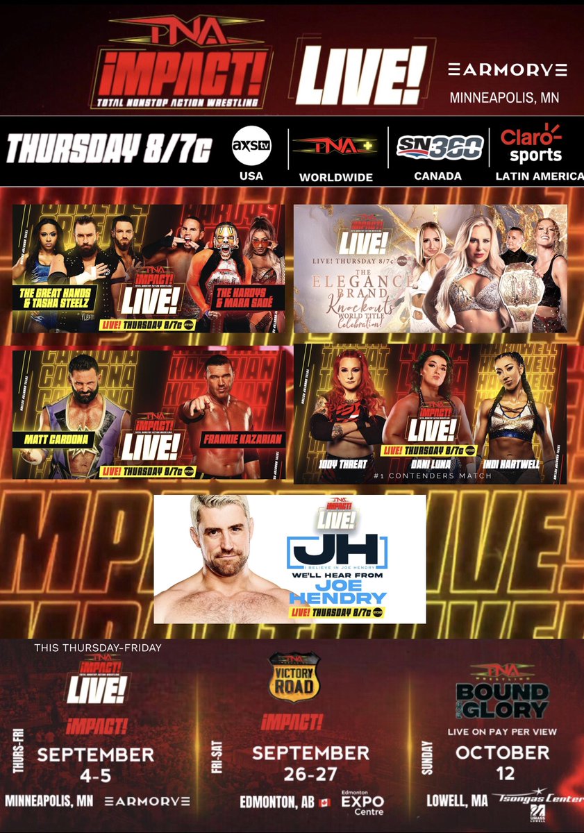 ProWrestlingG's tweet photo. Tonight on #TNAiMPACT
💥TNA iMPACT! is LIVE this Thursday - we'll hear from Joe Hendry
Watch on DAZN – Stream on TNA+ and Sportsnet 360 and on Demand !! #TNAiMPACT #TNAUK #PWGfansANTHEM #IMPACTonYOUTUBE #IMPACTonAXSTV #TNAWrestling #MACLIN #Wrestling https://t.co/180FcUJ6bm