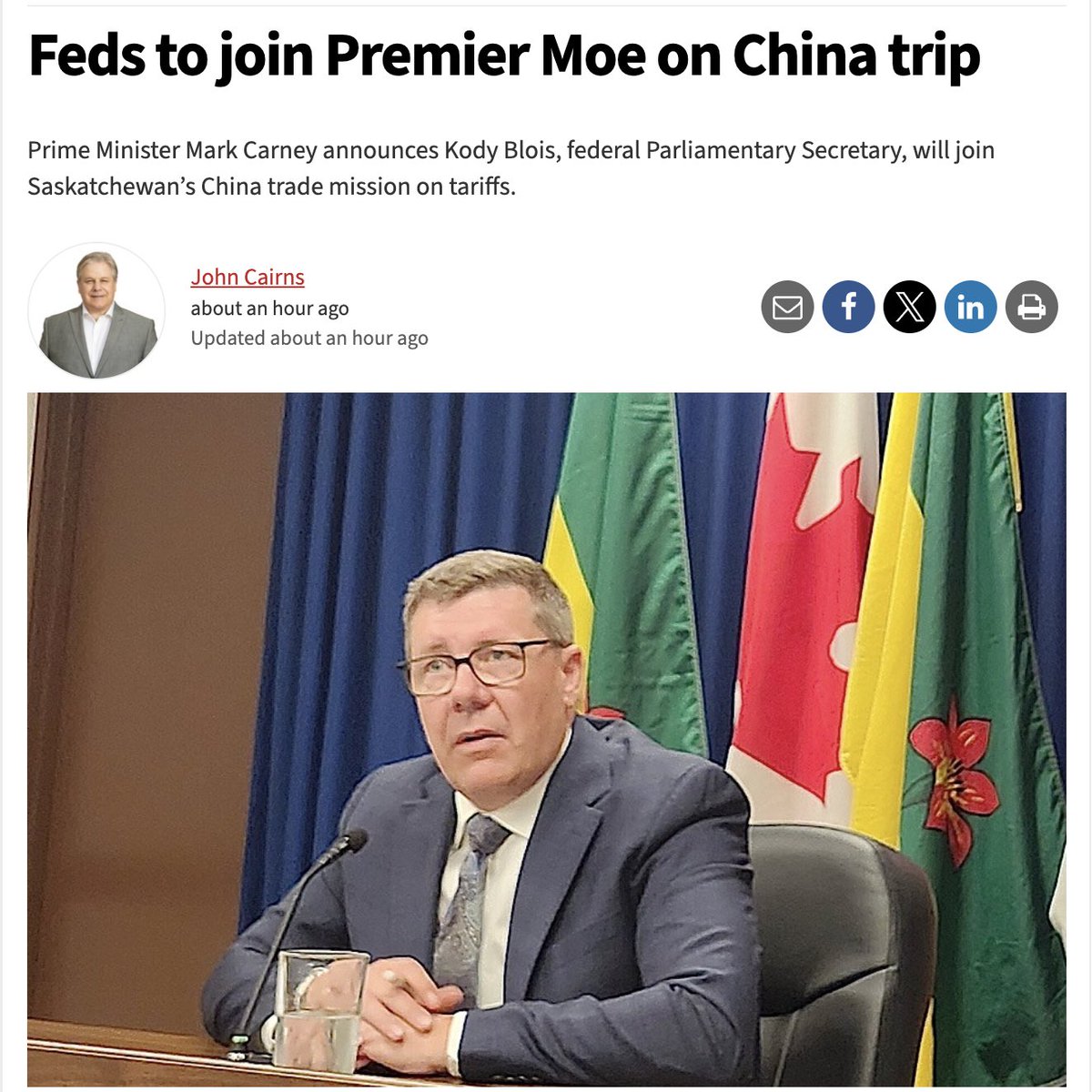 Next week, I’ll be in China to advocate for Saskatchewan producers and businesses, pushing to remove tariffs on canola, pork, and peas.
 
I’ll be joined by PM Carney's Parliamentary Secretary Kody Blois. At the same time, Trade and Export Development Minister Warren Kaeding, will