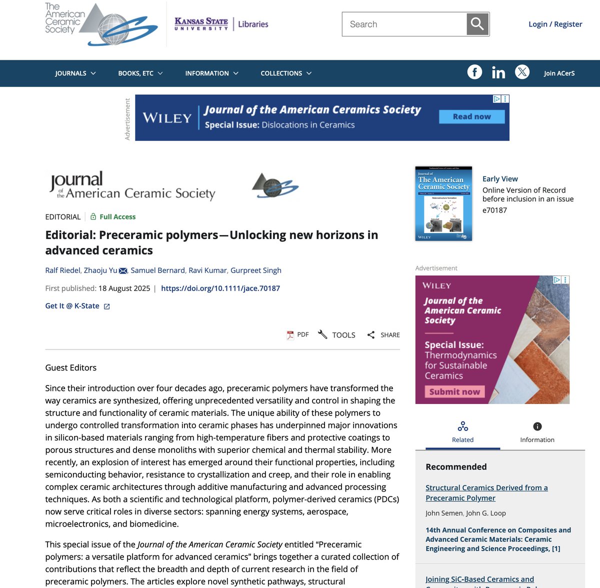 Editorial in the Journal of the American Ceramic Society  doi.org/10.1111/jace.7… #JACerS #Advanced #Ceramics #Polymers