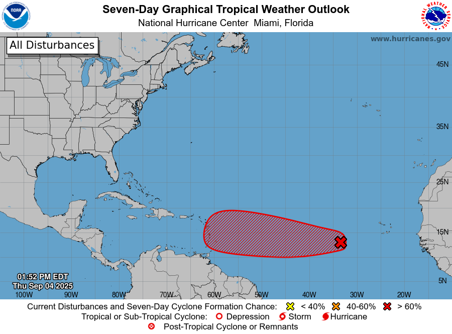 JUST IN: The 2 PM outlook raises development chances on #91L to be 60% over 48 hours and 90% overall. A tropical depression is likely to form by this weekend.