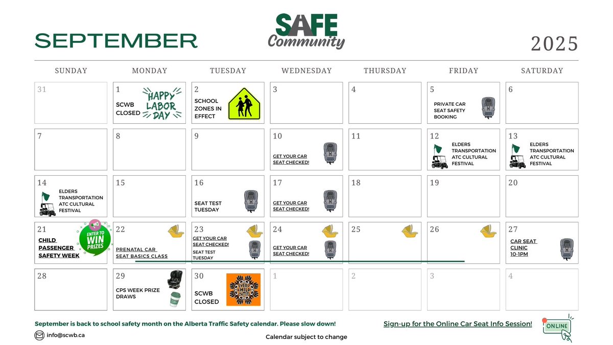 We are never slow in September! You can always book a car seat check on our website! safecommunitywb.ca