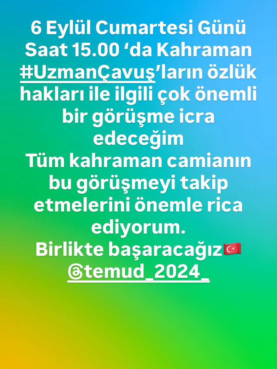 Ali Tilkici 🇹🇷 (@alitilkici38) on Twitter photo 6 Eylül Cumartesi Günü Saat 15.00 ‘da Kahraman #UzmanÇavuş’ların özlük hakları ile ilgili çok önemli bir görüşme icra edeceğim
Tüm kahraman camianın bu görüşmeyi takip etmelerini önemle rica ediyorum.
Birlikte başaracağız🇹🇷
<a href="/TEMUD_2024/">TEMUD Türkiye Emekli Uzman Erbaşlar Derneği</a> 6 Eylül Cumartesi Günü Saat 15.00 ‘da Kahraman #UzmanÇavuş’ların özlük hakları ile ilgili çok önemli bir görüşme icra edeceğim
Tüm kahraman camianın bu görüşmeyi takip etmelerini önemle rica ediyorum.
Birlikte başaracağız🇹🇷
<a href="/TEMUD_2024/">TEMUD Türkiye Emekli Uzman Erbaşlar Derneği</a>