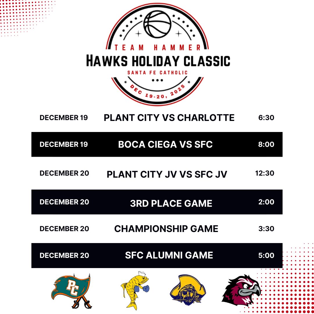 Excited to announce the teams and shedule for our holiday tournament, but more importantly the name. Team Hammer Hawks Holiday Classic honoring the late Coach Ed Hammerberg.

🗓️  December 19th and 20th, 2025

📍 Santa Fe Catholic High School