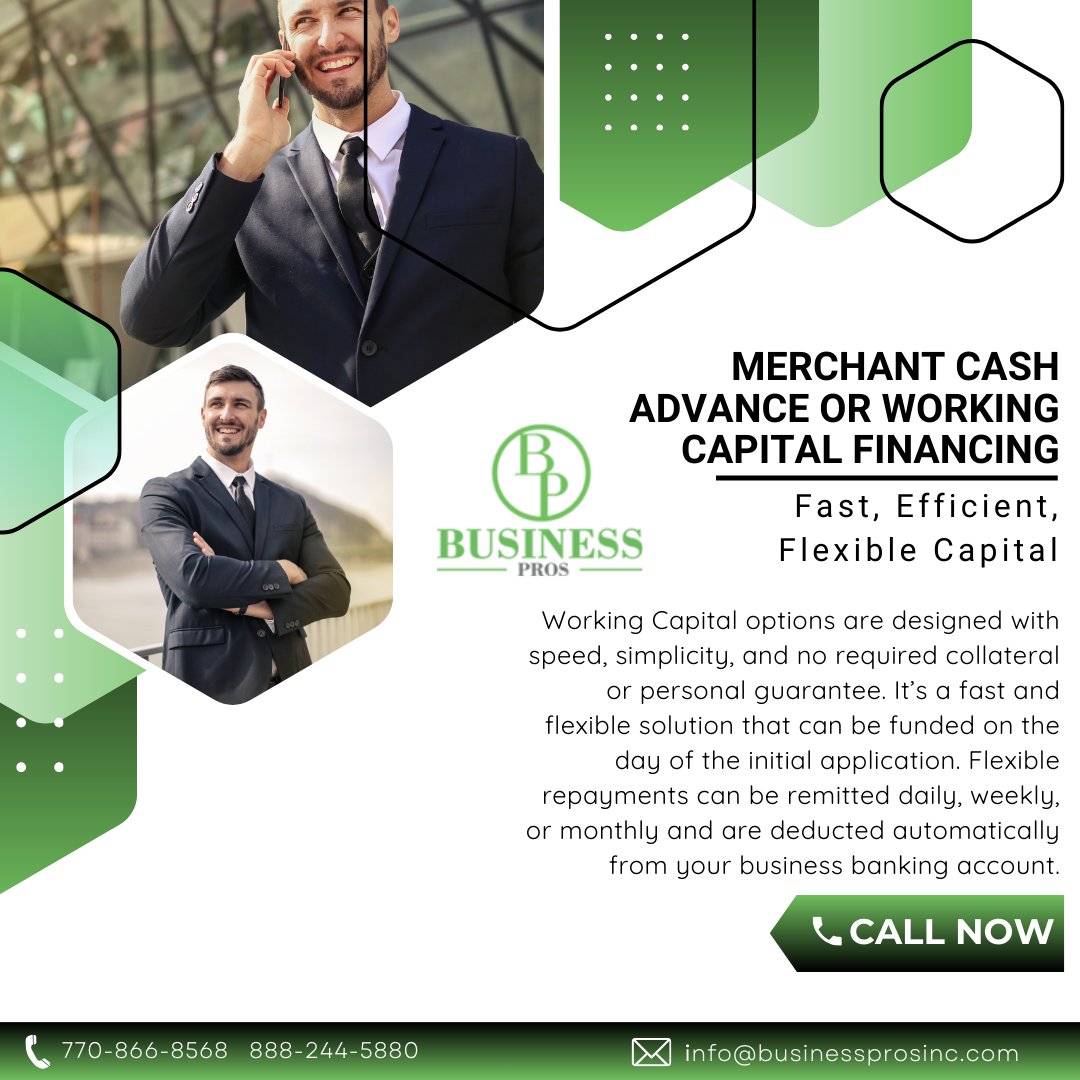 yourbusprosinc's tweet image. Merchant Cash Advance Capital or working capital options call 770-866-8568
#businessprosinc
#smallbusinesssupportingsmallbusiness
#WorkingCapitalSolutions
#assetbasedloan
#getthatmoney