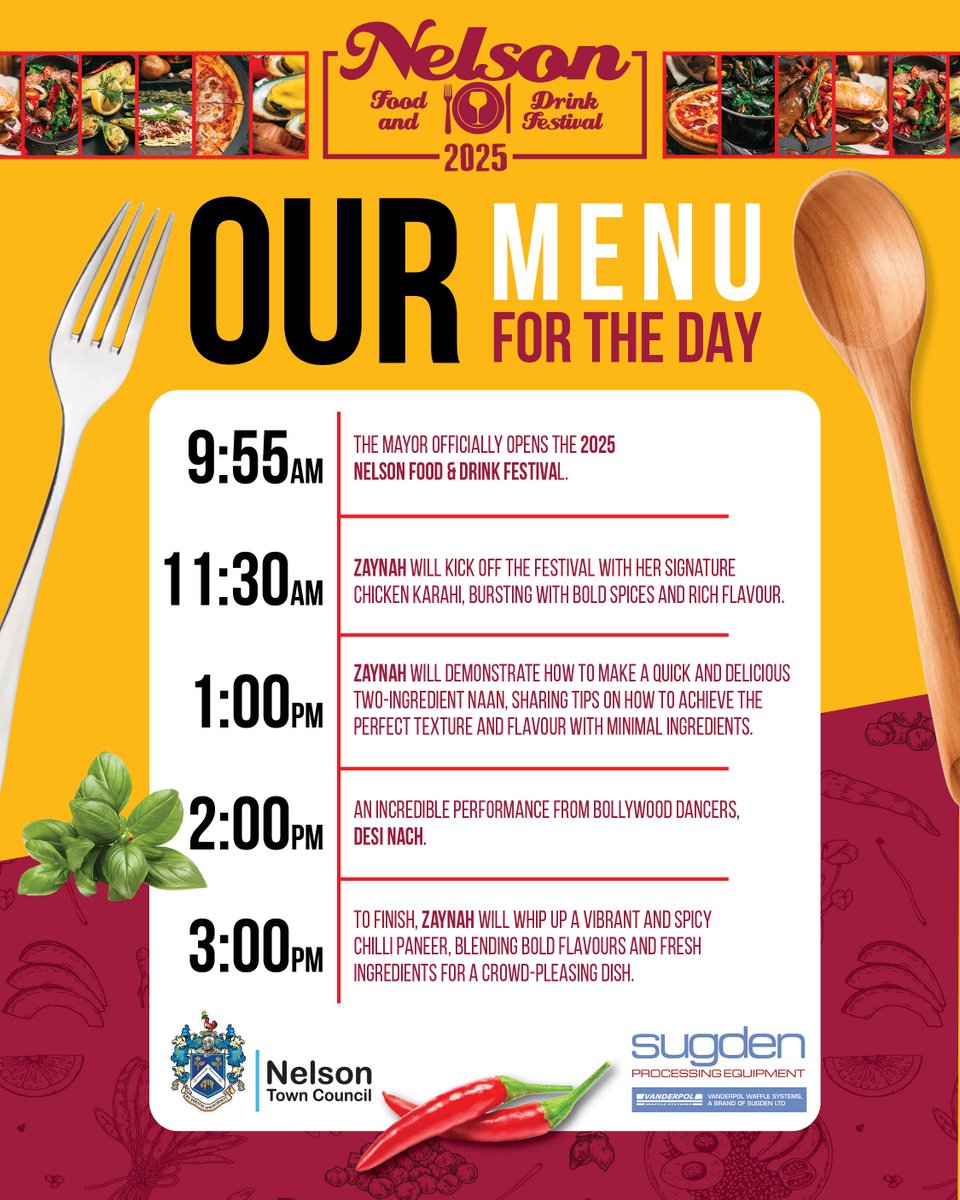 Our menu for the 2025 Nelson Food &amp; Drink Festival is here! 🤩

Alongside our food, drink and craft stalls, we've got a full line-up on our main stage this Saturday, hosted by the fantastic Zaynah Din 🙌🏼