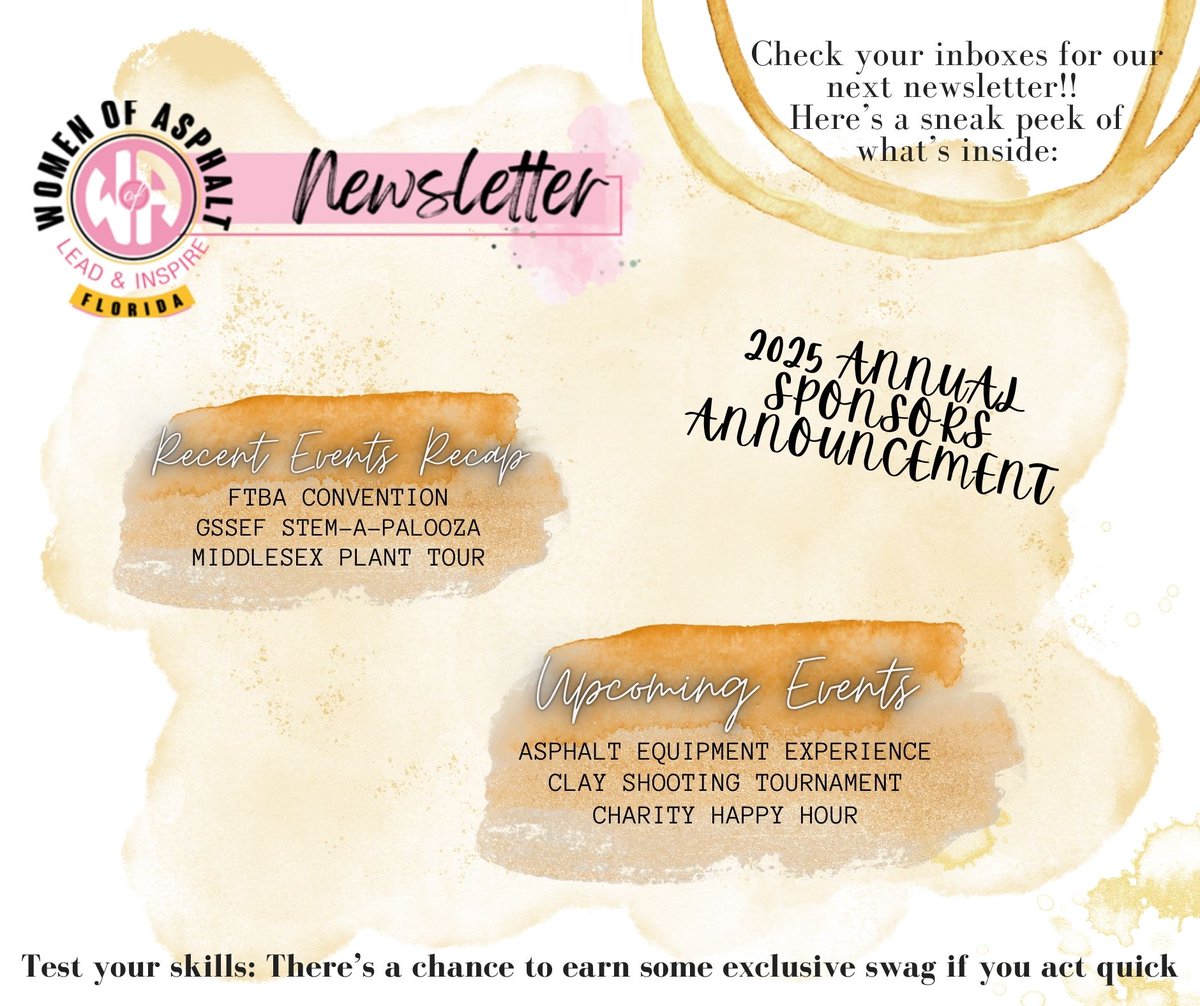 WofAFL's tweet photo. 🚧 Be on the Lookout! 🚧
Our 𝐖𝐨𝐦𝐞𝐧 𝐨𝐟 𝐀𝐬𝐩𝐡𝐚𝐥𝐭 𝐅𝐥𝐨𝐫𝐢𝐝𝐚 𝐁𝐫𝐚𝐧𝐜𝐡 Newsletter is hitting the road soon! 
Inside you’ll find:
•Recaps &amp; photos of our 𝐫𝐞𝐜𝐞𝐧𝐭 𝐞𝐯𝐞𝐧𝐭𝐬
•And a 𝐡𝐢𝐝𝐝𝐞𝐧 𝐜𝐡𝐚𝐥𝐥𝐞𝐧𝐠𝐞 that could snag you some awesome prizes! https://t.co/SajTbrYgi5