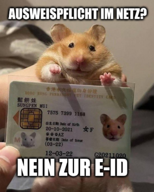 <a href="/cwasi/">Christian Wasserfallen</a> Keine Lust auf Ausweiszwang im Netz, und genau dazu wird die E-ID führen. Die wird niemals freiwillig bleiben. Siehe verschwindende SBB Stempelautomaten und die gebrochenen Versprechen der SBB bei der E-Ticket Einführung. Oder das Post Login. Nur möglich mit SwissID.

E-ID NEIN