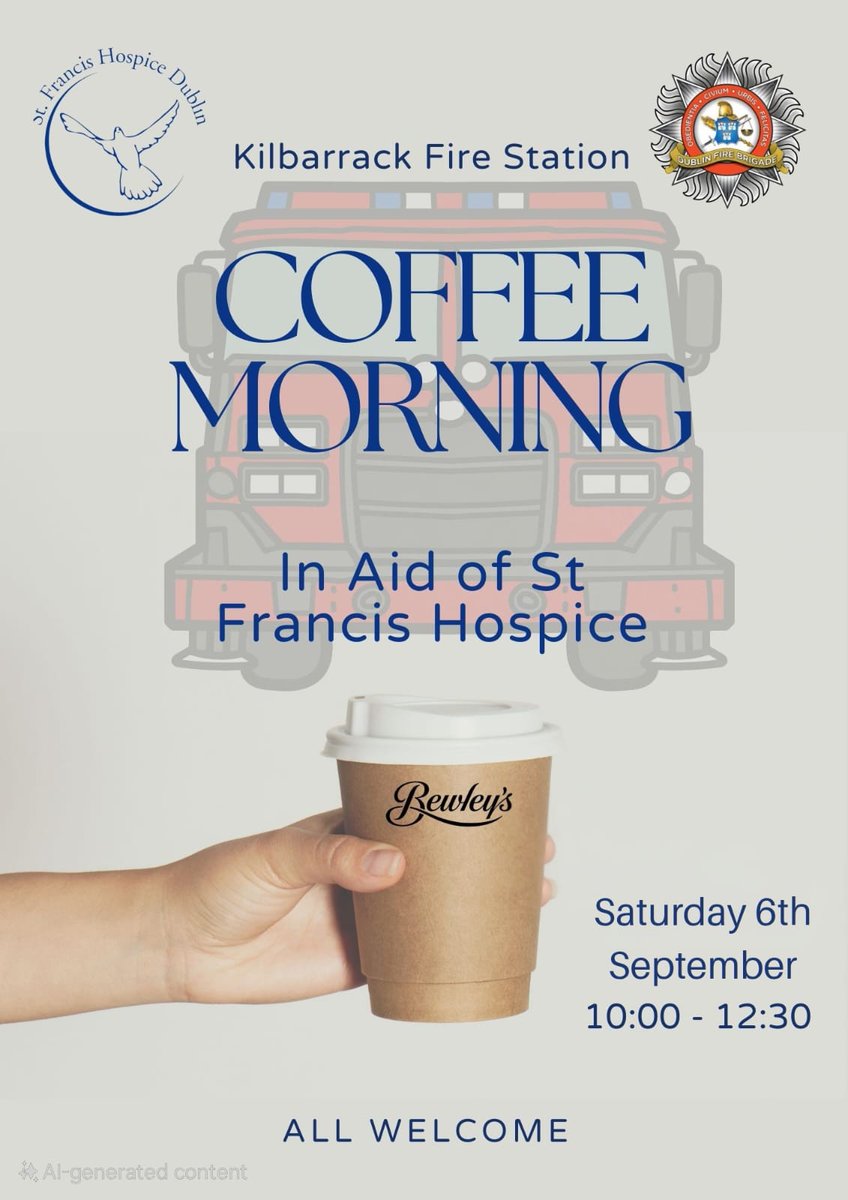 A Watch Kilbarrack are hosting a coffee morning in aid of <a href="/SFHDublin/">St. Francis Hospice</a>

Join them this Saturday the 6th of Sept from 10am to help raise much needed funds for such a worthy charity.

Come along for a coffee and cake, bring the kids, meet the crew and see our Fire engine.