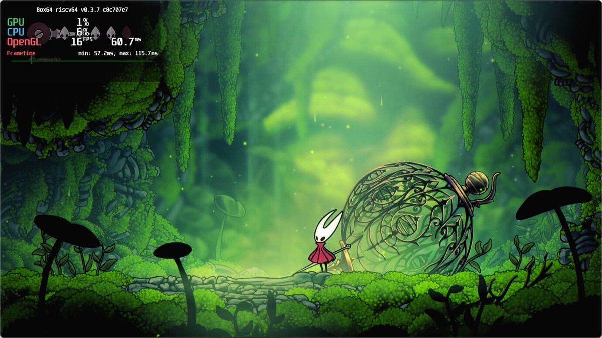 lazyparser's tweet photo. 🚀🚀🚀Hollow Knight SilkSong running on #riscv using #box64 and #RevyOS. @MilkV_Official  Pioneer Box w/ SG2042. (source: ksco) @risc_v https://t.co/Tf6AnqSbhL