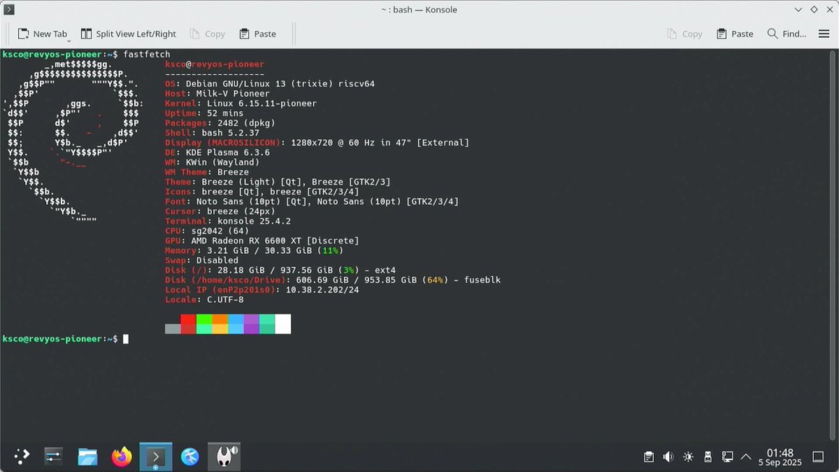 lazyparser's tweet photo. 🚀🚀🚀Hollow Knight SilkSong running on #riscv using #box64 and #RevyOS. @MilkV_Official  Pioneer Box w/ SG2042. (source: ksco) @risc_v https://t.co/Tf6AnqSbhL