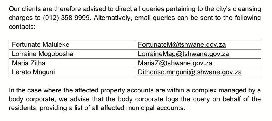 henriettefroh's tweet photo. If you live in @CityTshwane and have been incorrectly billed for waste / cleansing levy, please send an email to this team to have your bill corrected.👇 #ServiceDelivery https://t.co/U6009s3KG1
