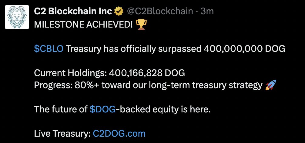 Vincent (Cryptolution) 👑 (@cryptolution101) on Twitter photo 🚨JUST IN: <a href="/C2Blockchain/">C2 Blockchain Inc</a> just acquired 8,654,338.1 $DOG ($19,886.14 USD) reaching a 400,166,828 $DOG Treasury Milestone (80% complete) 😱
Source: coinstats.app/p/RpXfWq4j1Dw0… 🚨JUST IN: <a href="/C2Blockchain/">C2 Blockchain Inc</a> just acquired 8,654,338.1 $DOG ($19,886.14 USD) reaching a 400,166,828 $DOG Treasury Milestone (80% complete) 😱
Source: coinstats.app/p/RpXfWq4j1Dw0…