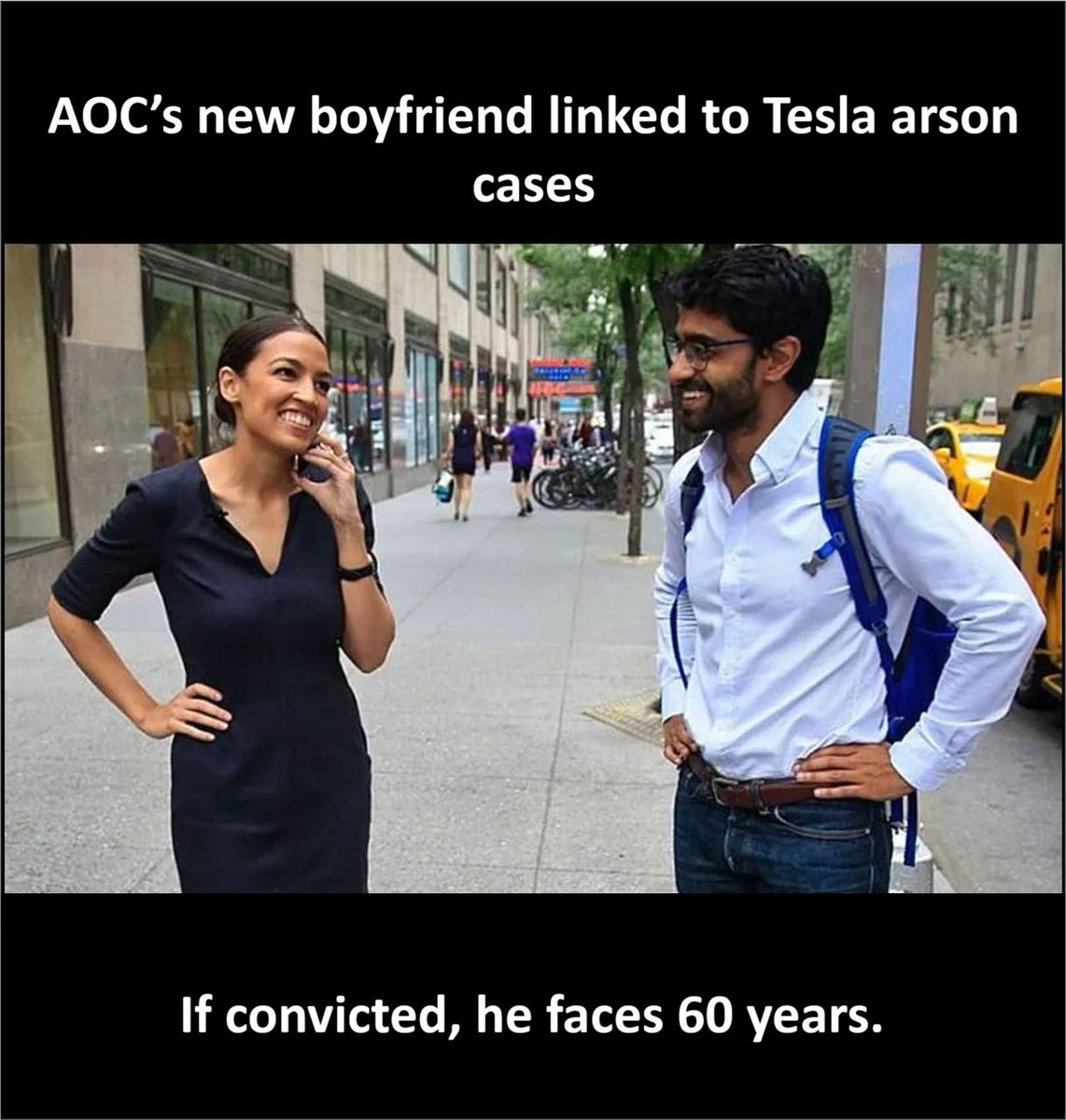 🚨 BUSTED: AOC’s new boyfriend is a person of interest in the burning of three Tesla dealerships.

If he’s charged and convicted, he could face 60 years in prison.

Question: Does AOC just have the worst taste in men…or is this who she really is when the cameras are off?🤔