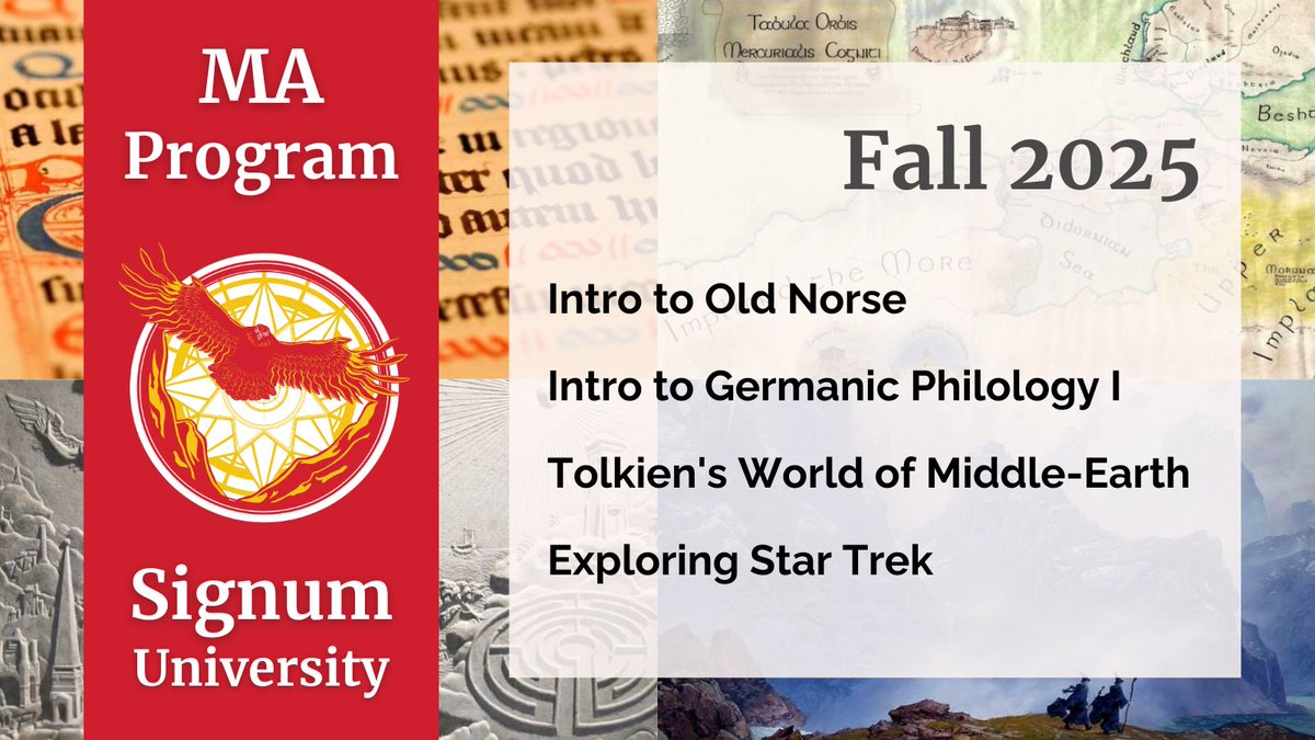 Registration remains open for Signum's MA Fall 2025 Courses through September 5!

Intro to Old Norse (Monday/Wednesday 8p ET or Tuesday/Thursday 6p ET)
Intro to Germanic Philology I (Tuesday/Thursday 730p ET)
Tolkien's World of Middle-Earth (Friday 530p or 7p ET)
Exploring Star