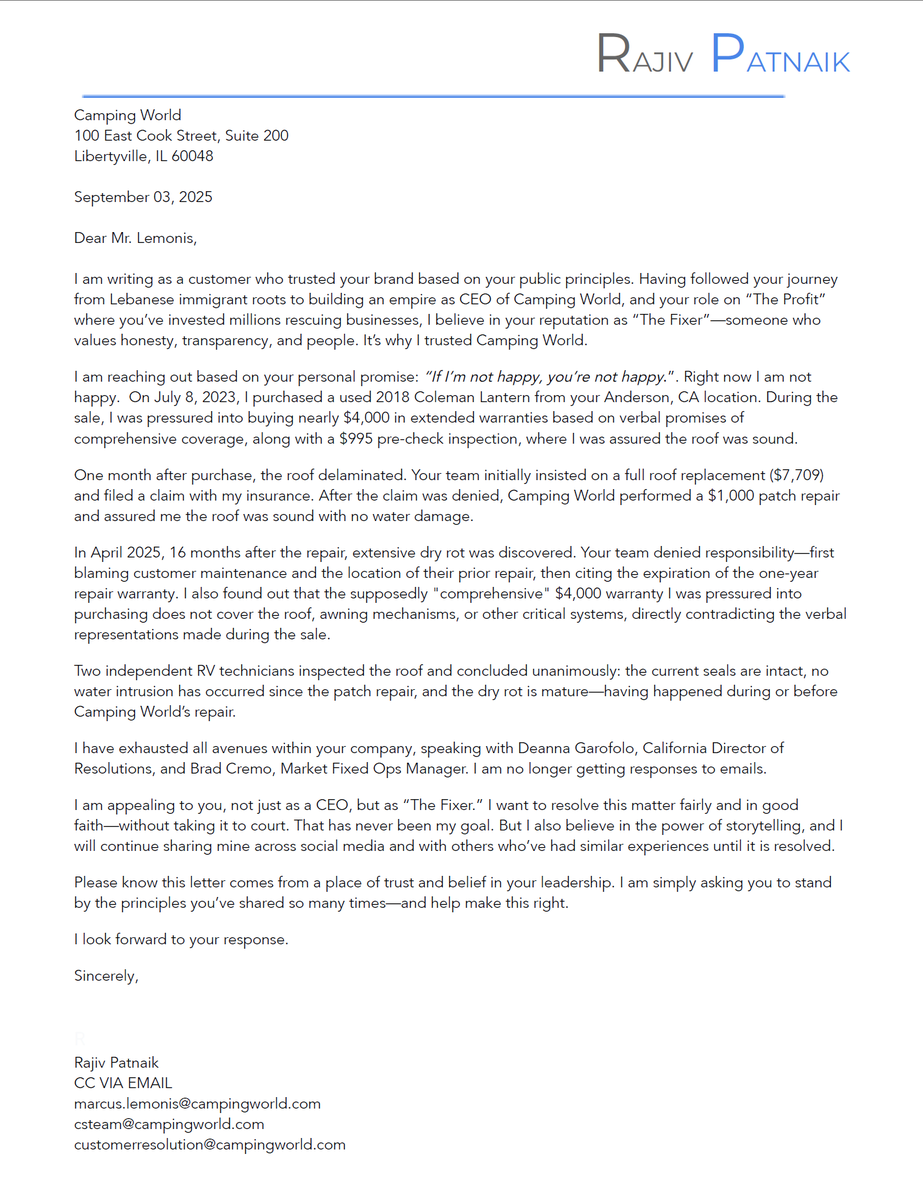 sloindian's tweet photo. @marcuslemonis @BedBathBeyond @tZERO @marcuslemonis Glad to see transparent communication leading to encouragement on $BBBY. Hoping for the same on my Camping World RV issue—concealed dry rot &amp; misrepresented warranties. Letter attached—let's fix this! #TheProfit #CampingWorld #UnhappyCustomer https://t.co/5kki6nuyVP