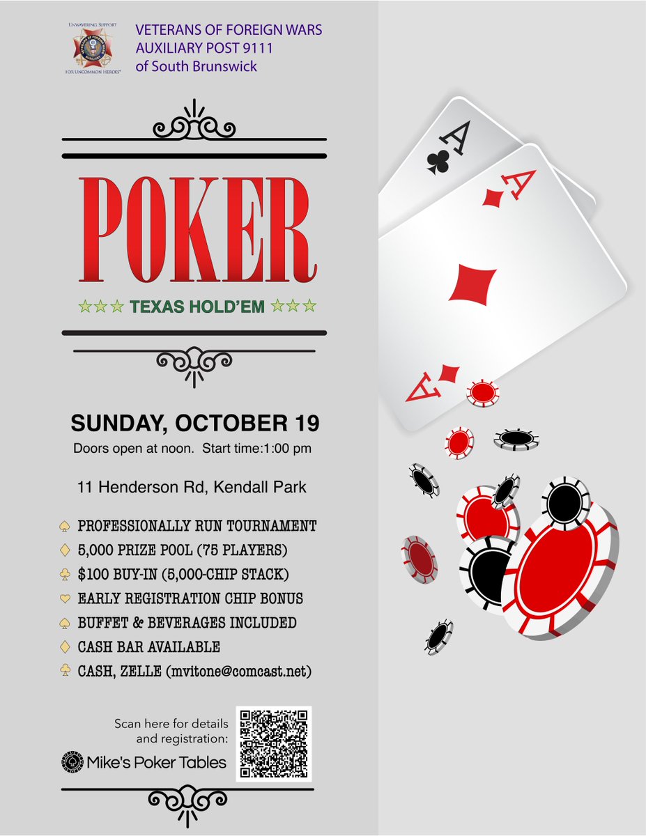 ♣️🃏 Test your poker face! Join VFW Auxiliary Post 9111 for a Poker Tournament 🎉

📅 Sun, Oct 19 | 1 PM (doors @ 12)
📍 11 Henderson Rd, Kendall Park, NJ
Details 👉 mikespokertables.com/event-info/vfw…
#PokerTournament #SouthBrunswick #VFWPost9111
