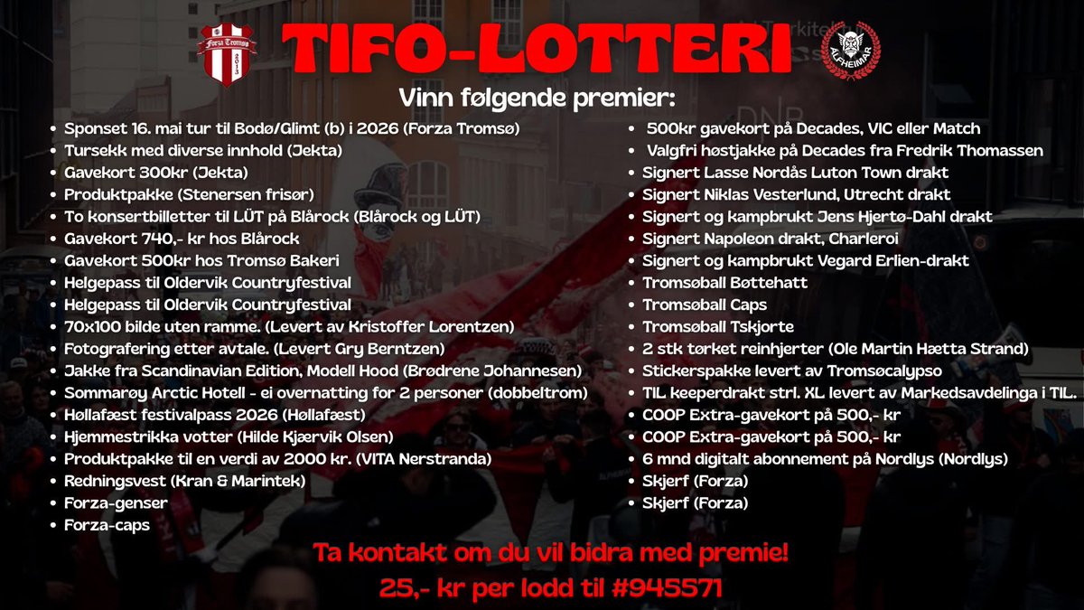 Sammen med <a href="/_alfheimar/">Álfheimar</a> lanserer vi nok en gang TIFO-lotteri!

Kun timer etter lansering har vi allerede bikket godt over 10 000kr! Tusen takk for responsen❤️

Hjelp oss skape enda større tribuneshow i fremtiden!

25kr pr lodd, Vipps til #945571