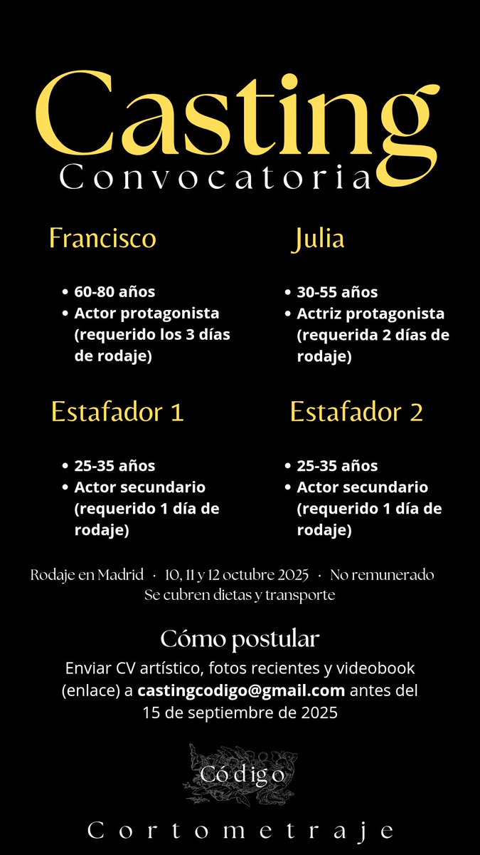 🟡 Empezamos el casting del cortometraje CÓ D IG O