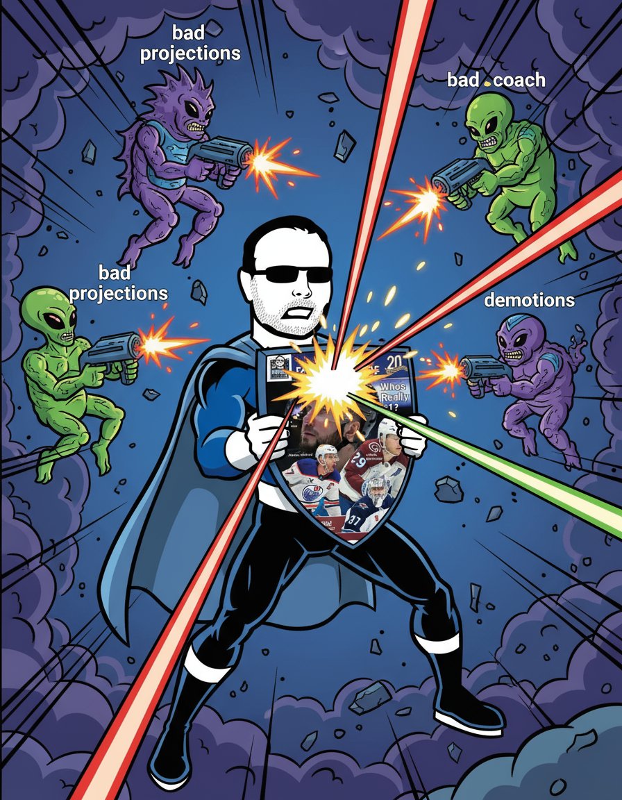 Are you getting hammered in #FantasyHockey , year after year, with bad luck  from projections, injuries, coaching decisions and players getting demoted  to crappy lines? Let Dobber protect you., image size:896x1152