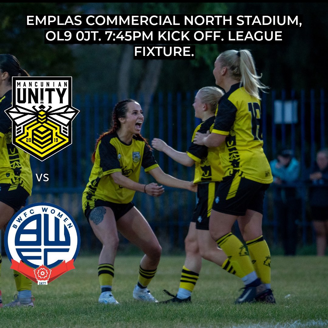 MancunianUnity's tweet image. ⚽️On Sunday we return to action with the biggest test of the season so far as we host Bolton Wanderers.
📍Emplas Commercial North Stadium, OL9 0JT.
⏰2pm Kick Off.
🎫Adults £5 - Concessions £2 - Season Tickets £25.
🐝We need you in your numbers to get behind the team yet again!