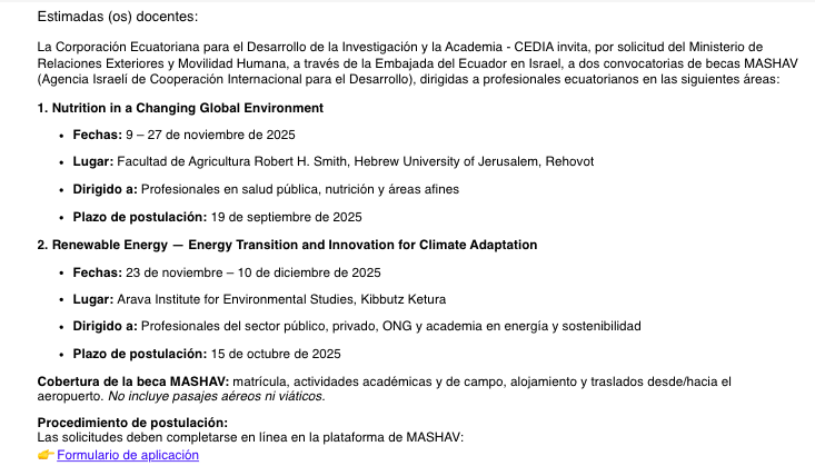 Profesores de la UCE recibimos una convocatoria de becas para estudiar en Israel en el área de Nutrición, organizada por Cancillería de Ecuador, cuando están matando (de hambre) a miles de niños palestinos. Servilismo de una institución q nació con el ideal del humanismo. Espanto