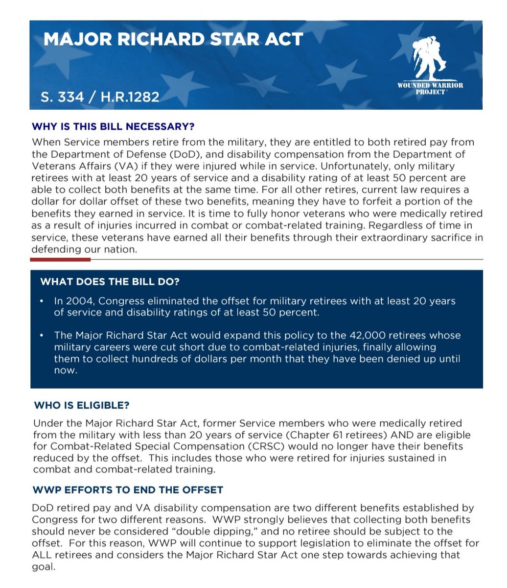 NealKitchen's tweet image. Please contact your congressmen and senators to support this act. It would make a big difference for over 40,000 vets currently and countless vets in the future. Right now, if you retire with 20+ years, you get full retirement plus VA disability. If you retire at 19, you don't.
