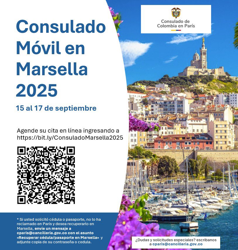 El Consulado de Colombia en París informa a la ciudadanía que del 15 al 17 de septiembre se realizará la jornada de Consulado Móvil en Marsella y le invita a preparar sus documentos para realizar los trámites.
 
Agende su cita en línea ingresando a: 

bit.ly/ConsuladoMarse…
