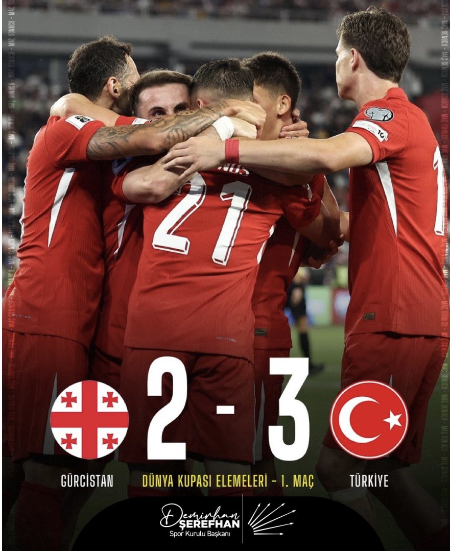 A Milli Takımımız 2026 Dünya Kupası elemelerine galibiyetle başladı. Gürcistan’ı 3-2 yenen #BizimCocuklar ‘ı tebrik ediyoruz. 🇹🇷 <a href="/TFF_Org/">TFF</a>