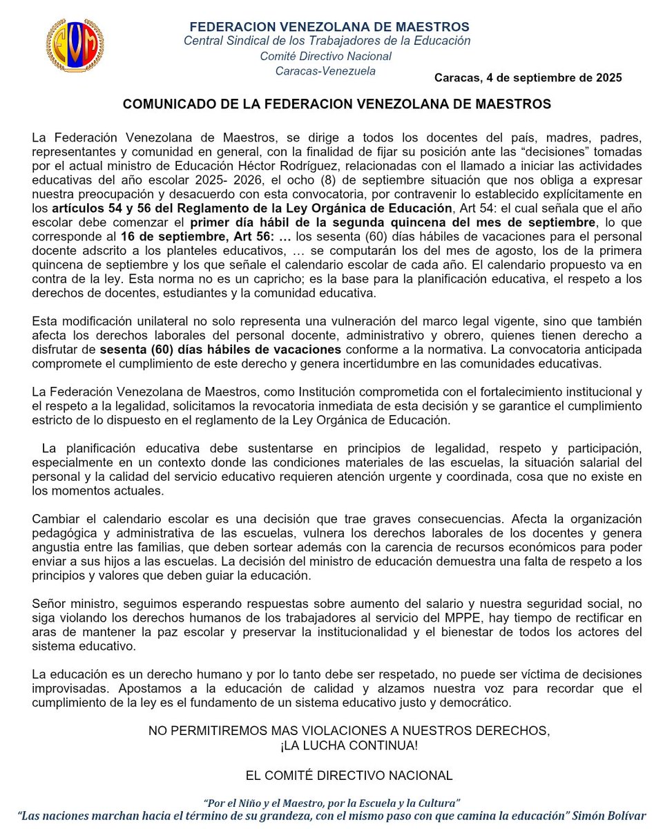 #ComunicadoFVM | La Federación Venezolana de Maestros, se dirige a todos los docentes del país, madres, padres, representantes y comunidad en general, con la finalidad de fijar su posición ante el inicio de las actividades educativas del año escolar 2025- 2026.

#FVMenlaLucha