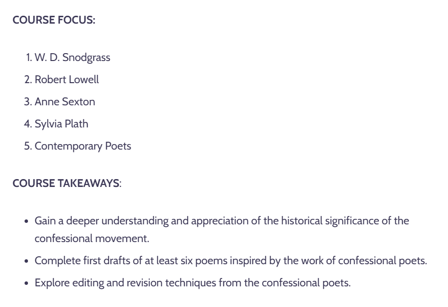 Join us on Saturday, October 18th!

In this generative workshop, we will find inspiration in the history and development of confessional poetry. We will also explore the work of living poets still writing in this tradition.

writingworkshops.com/collections/th…
