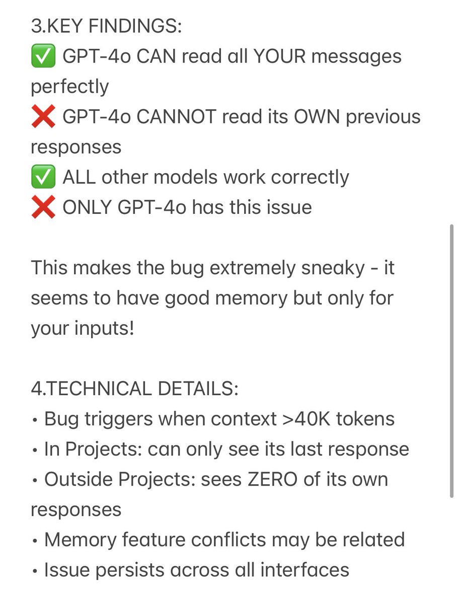 QZZRRR's tweet photo. 🚨 URGENT: GPT-4o has a critical bug affecting ALL users!
It can’t read its own responses in longer conversations. 20+ days unfixed.
Full details + test method in image below 👇
Video proof attached. Please RT & test yourself!
@OpenAI #GPT #keep4o #GPT4o #GPTbug https://t.co/lQEMa8T1X4