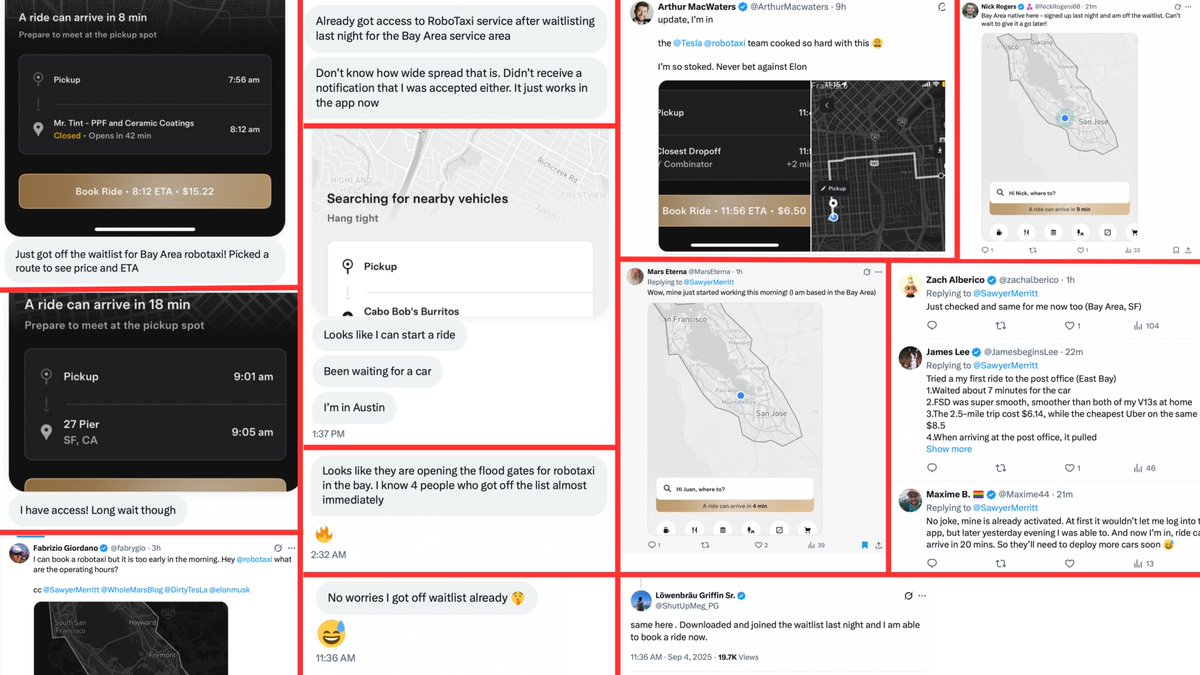SawyerMerritt's tweet image. The floods gates are starting to open!

@Tesla is very rapidly expanding access to BOTH its ride-hailing service in the Bay Area and its Robotaxi service in Austin, Texas. All of these people downloaded the Tesla Robotaxi app last night or today and now have access to rides.…