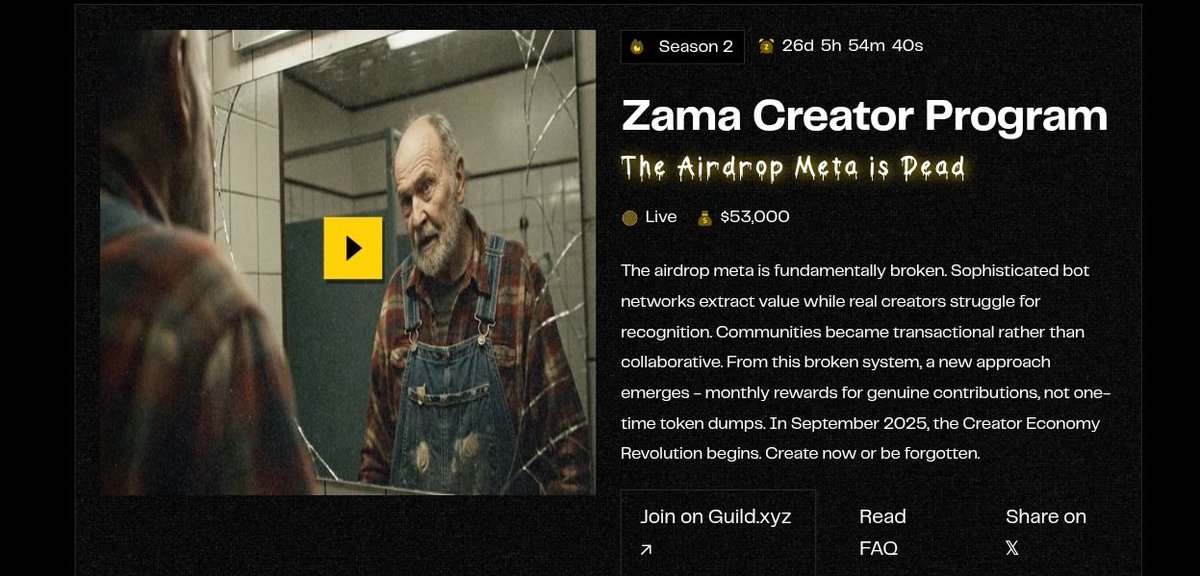 ZeekeAlpha's tweet photo. @zama_fhe Season 2 Creator Program 👇

→ Who can join and how scoring works

1. Smart followers matter only verified and active humans count not bots
2. Reach is about impressions or how many people saw your posts
3. Interactions include likes reposts and quotes with quotes giving the most weight
4. Engagement rate should be natural and healthy
5. Posting regularly can boost your score up to forty percent

→ Rewards every month

1. Top 100 creators share a fifty thousand dollar reward pool and also get Zama OG NFT
2. Ranks 101 to 250 get Zama OG NFT only
3. Best 6 content pieces get six percent of the monthly pool three from X three from Farcaster
4. Zama OG NFT also gives access to the upcoming Zama alpha

→ How payouts happen

1. Rewards can be claimed in stablecoins or ZAMA token
2. First claim is at TGE after that claims will be available monthly

→ How to start

1. No registration needed just start creating and sharing about @zama_fhe
2. Team will ask creators to register on Guild during claim period and join @guildxyz https://t.co/hQNxTvVDQR
3. Check leaderboard and full details on - https://t.co/eva1Y5rd4u

Future note - A substantial commitment: We have allocated a sizeable budget, and a significant portion of the total $ZAMA supply, to support these initiatives over the next five years. This includes funding for the creator program as well as upcoming developer and beta tester programs

Just Focus on OG NFT 👀
#ZamaCreatorProgram