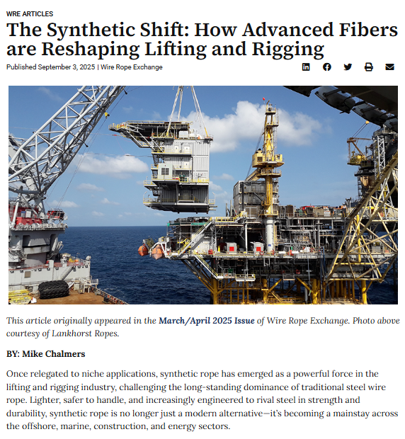 TheWRExchange's tweet image. In a recent issue, we discussed the state of play in Synthetic Rope with three industry experts who shared perspective and insight. You can read the story on our website at this link:
wireropeexchange.com/synthetic-shif…
#syntheticrope #wirerope #liftingequipment