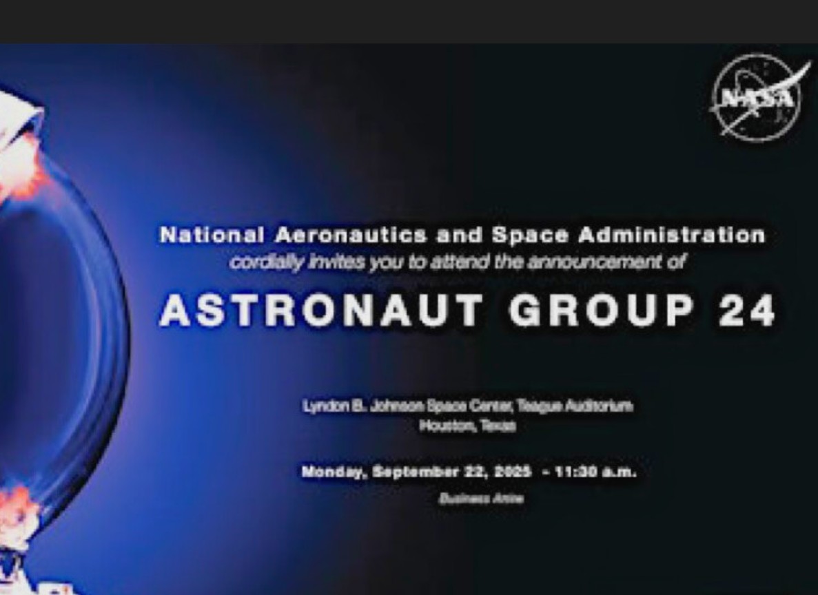 Just got my invitation from NASA to attend the Astronaut Group 24 announcement at JSC on Sept. 22. Can't wait to see who the new AsCans (Astronaut Candidates) are that were selected from 8,000 applicants. Hoping one of my friends was selected.