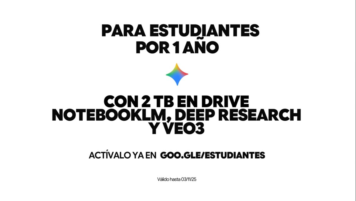 Google ofrece una cuenta Gemini Pro gratis por un año a todos los estudiantes en México (youtu.be/aCZQ3zt2PCk?si…).  Comparte #BuenasNoticiasMX #ColaboraciónDeLaInteligencia