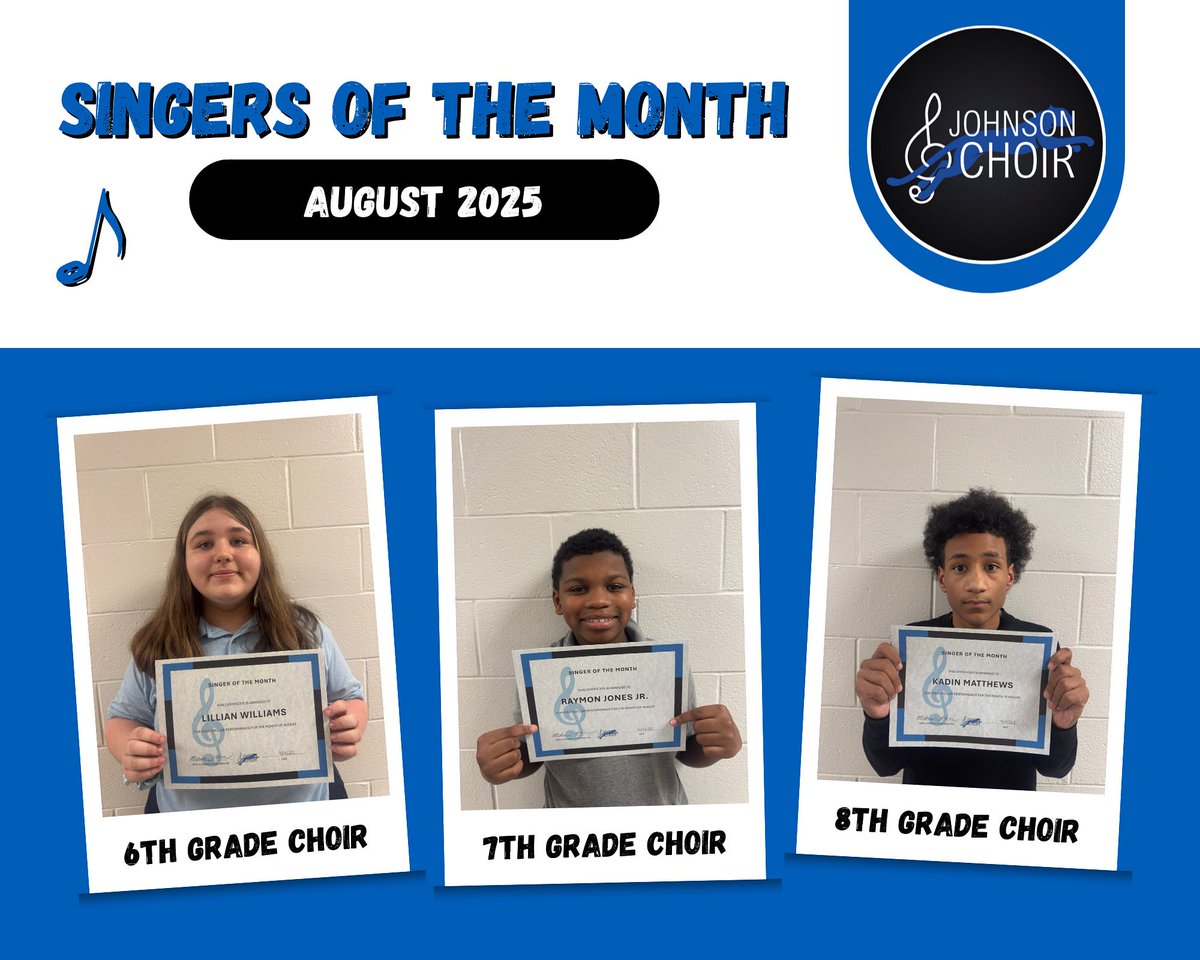 Congratulations to our Singers of the Month for the month of August!

Lillian Williams - 6th Grade
Raymon Jones Jr. - 7th Grade
Kadin Matthews- 8th Grade

#RoarJagsRoar #SingJagsSing #YourVoiceMatters